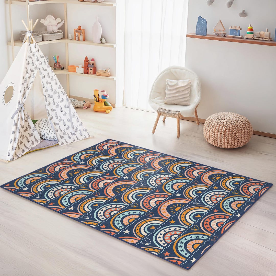 Patterned Rug Kids Colorful Rainbow Pattern Kids Room Rug, Rectangular Play Mat, Nursery ...