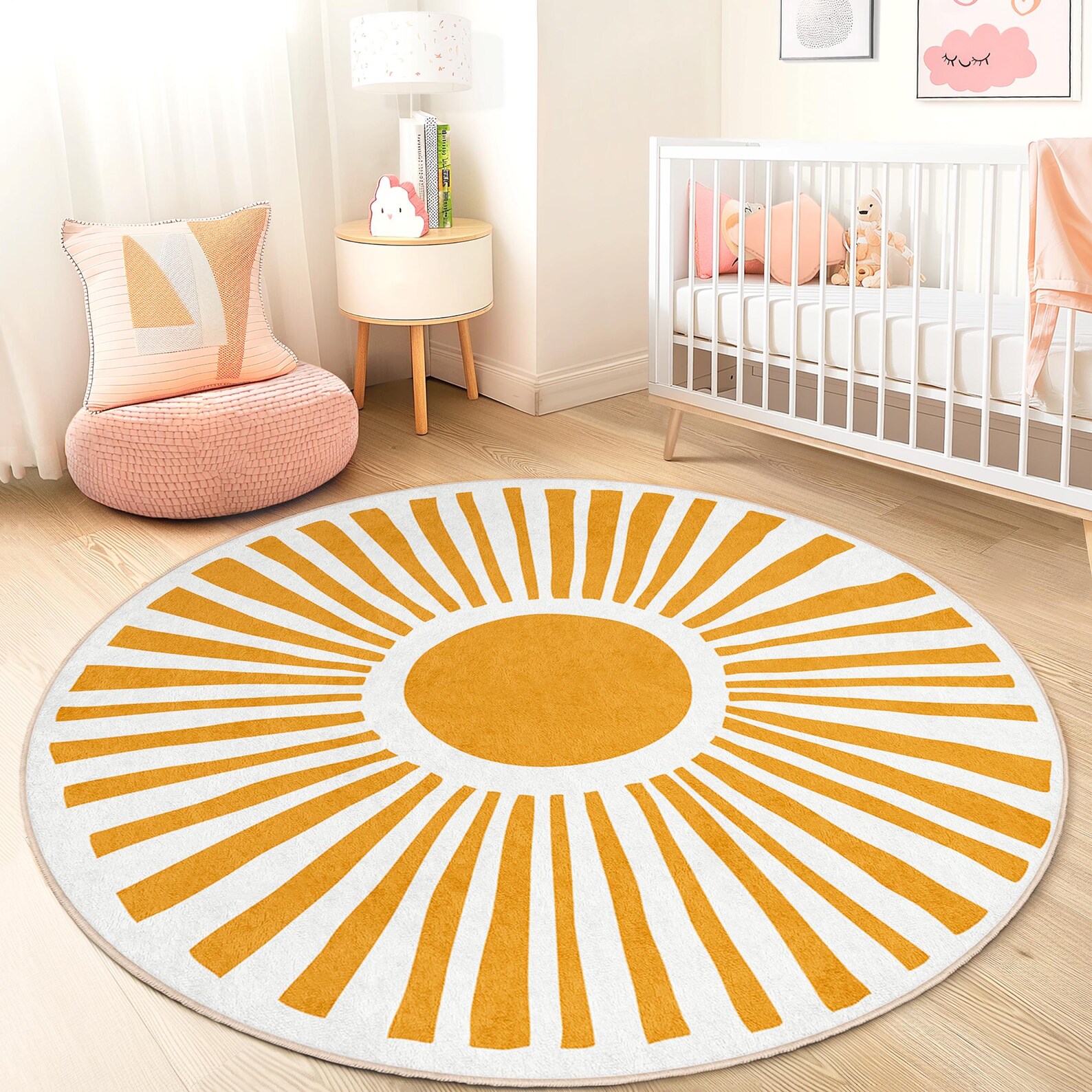 Sunburst Round Kids Play Rug, Yellow Sun Circle Rug, Circle Play Mat ...