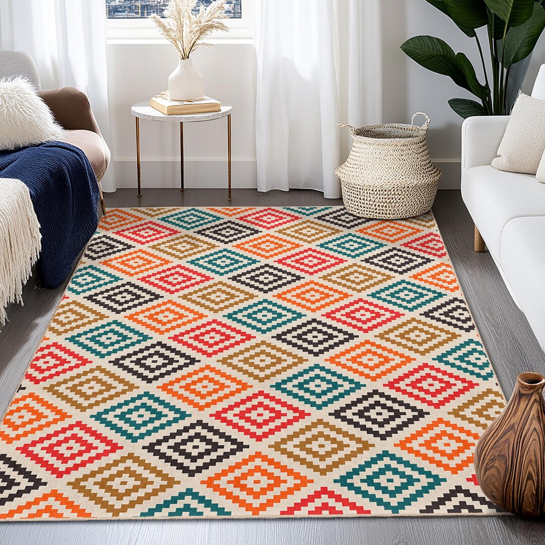 Geometric Pattern Rectangular Area Rug, Colorful Diamond Design Carpet ...