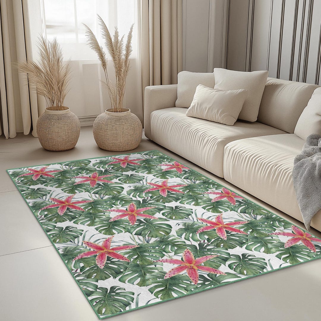 Floral Rectangular Rug Tropical Floral Rectangle Area Rug, Monstera Leaf and Pink Flower ...