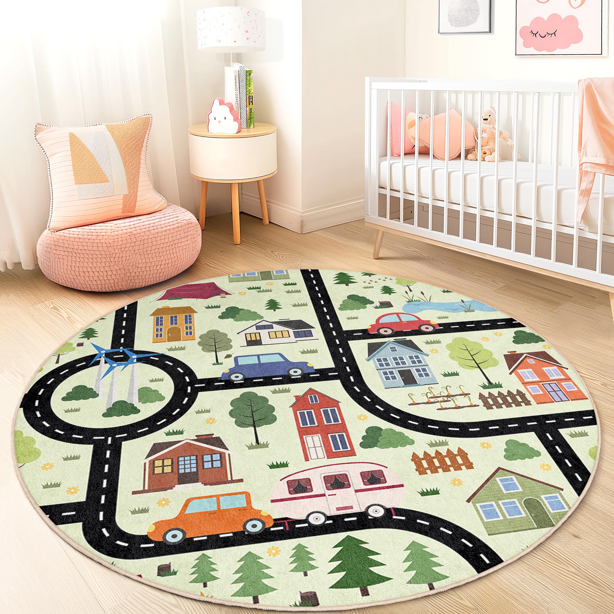 Kids Modular Rug Road Map Playful Round Kids Rug, Interactive Play Mat for Children ...