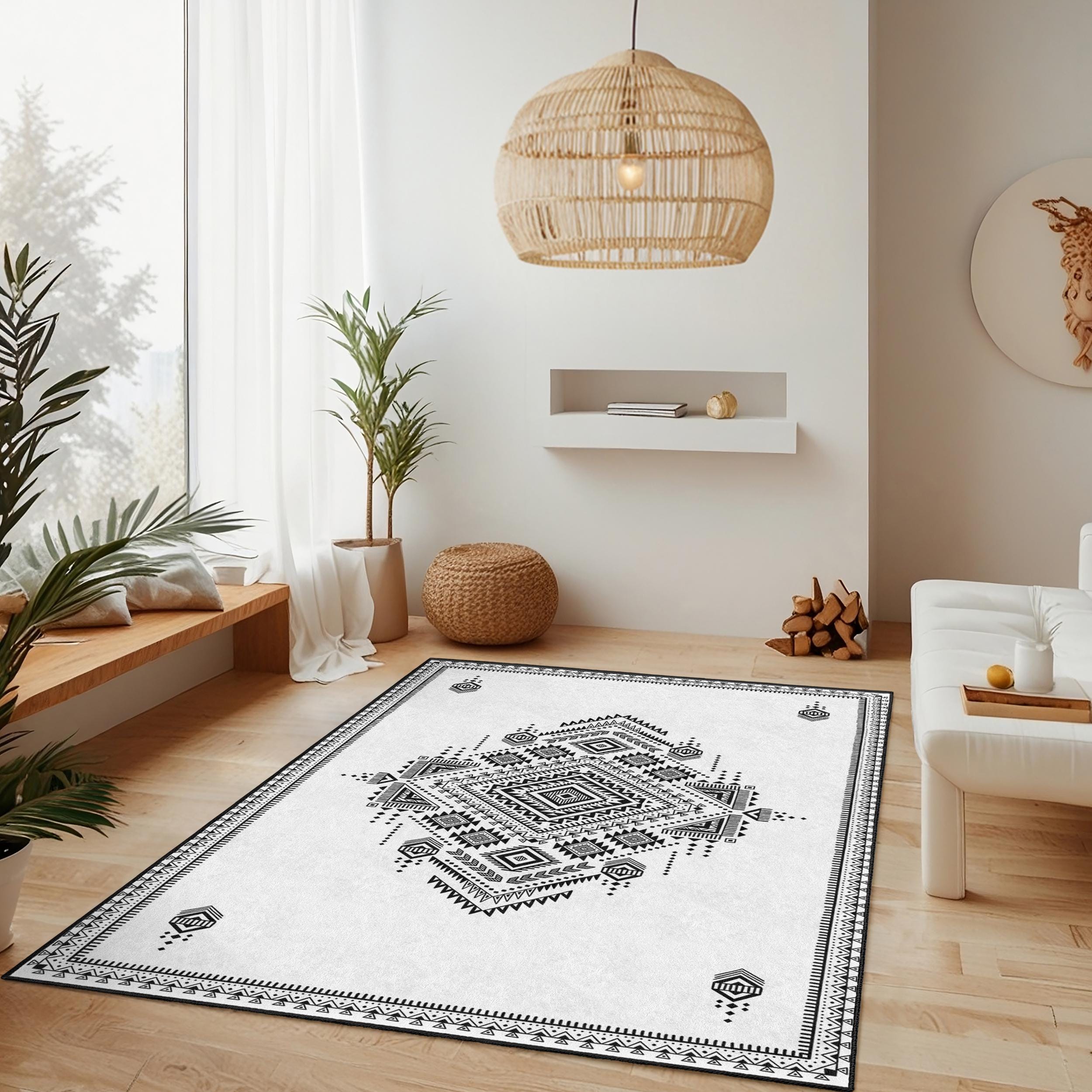 ボヘミアンスタイル ラグ 白黒 幾何学模様 幾何学模様の白黒長方形ラグ | スタイリッシュなボヘミアンエリア