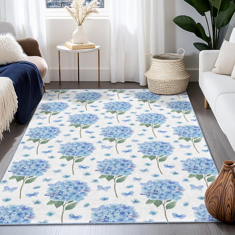 Tufted Rug Blue Hydrangea Blue Hydrangea Floral Rug, Vintage Style Accent Carpet - Etsy