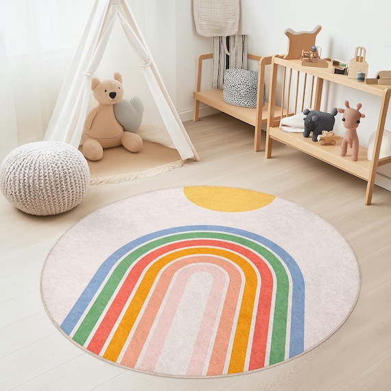 Alfombra circular arcoíris para habitación infantil, alfombra