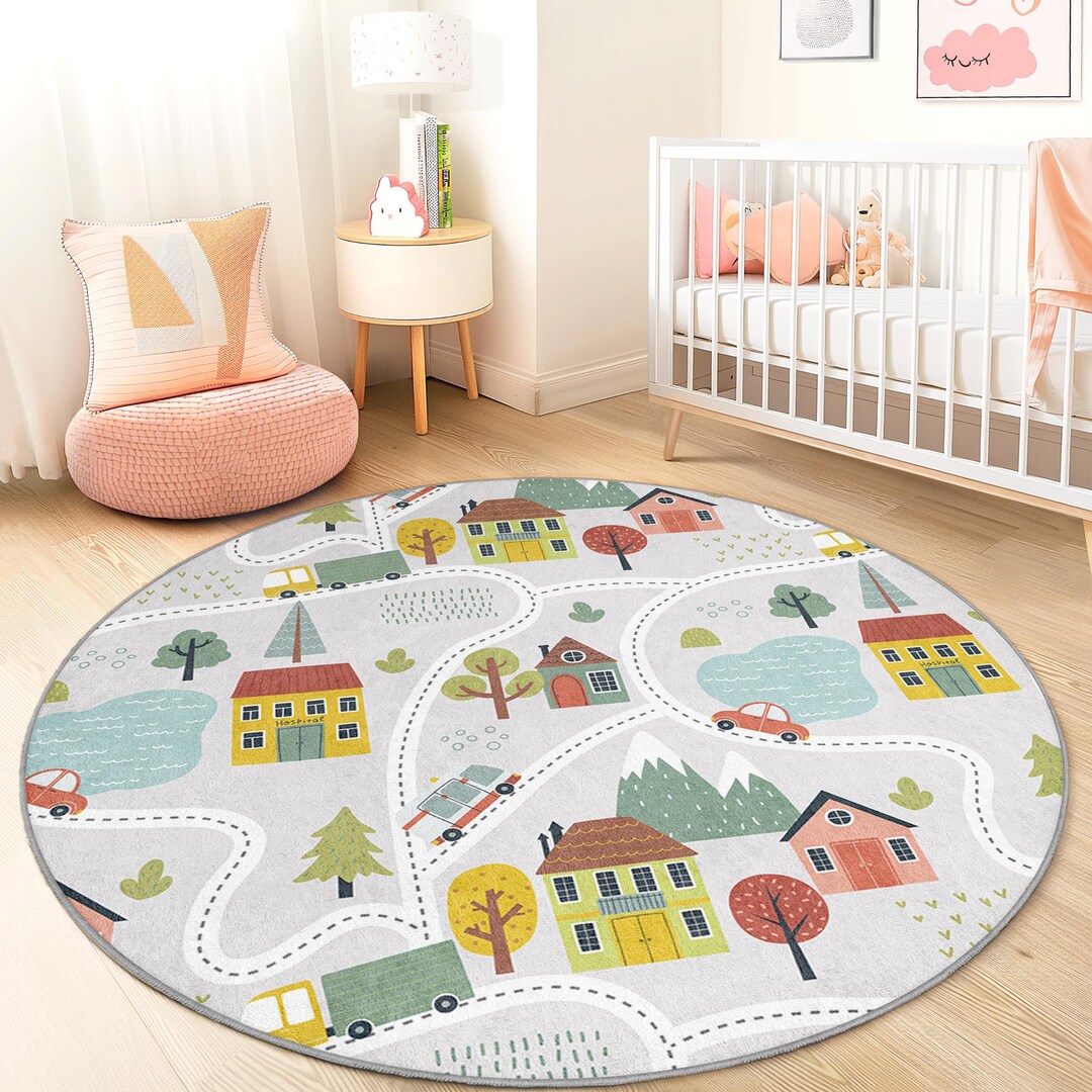 Play Rug For Baby Colorful Round Kids Play Rug, Road Map Area Rug, Playroom Decor, Soft ...