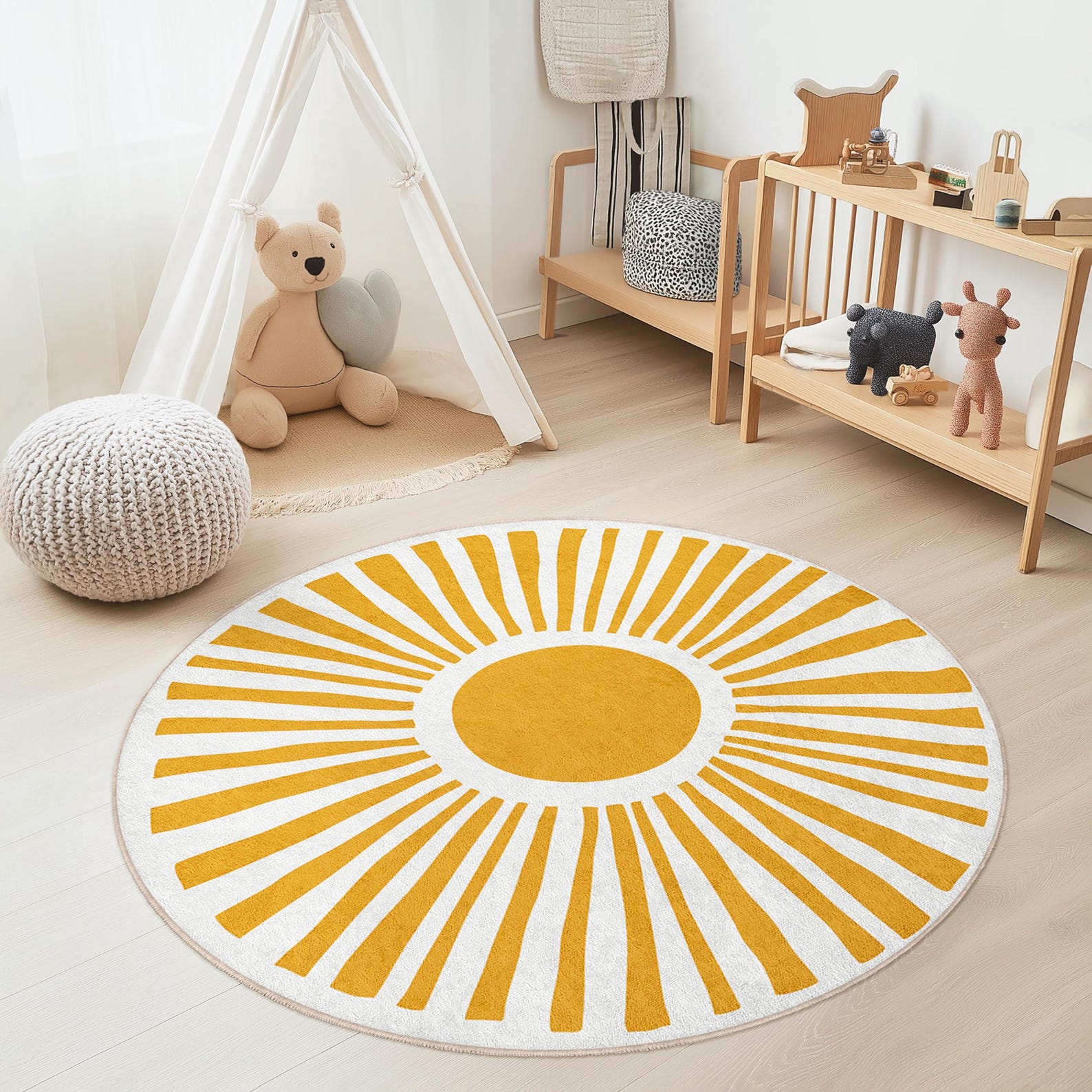 Sunburst Round Kids Play Rug, Yellow Sun Circle Rug, Circle Play Mat ...