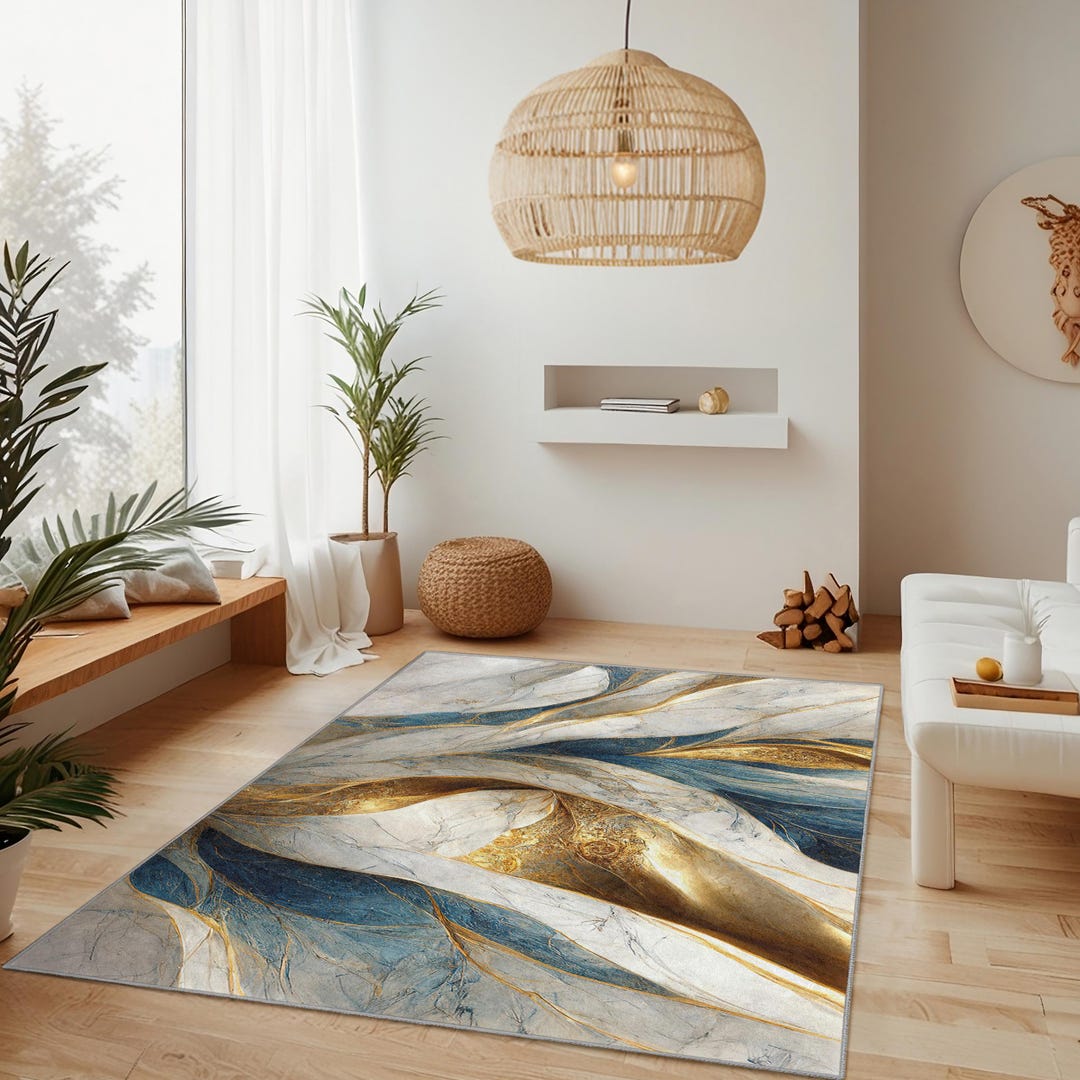Elegant Blue and Gold Abstract Rectangular Area Rug | Luxurious Modern ...