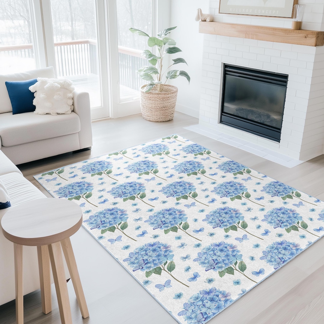 Blue Hydrangea Floral Rug, Vintage Style Accent Carpet - Etsy