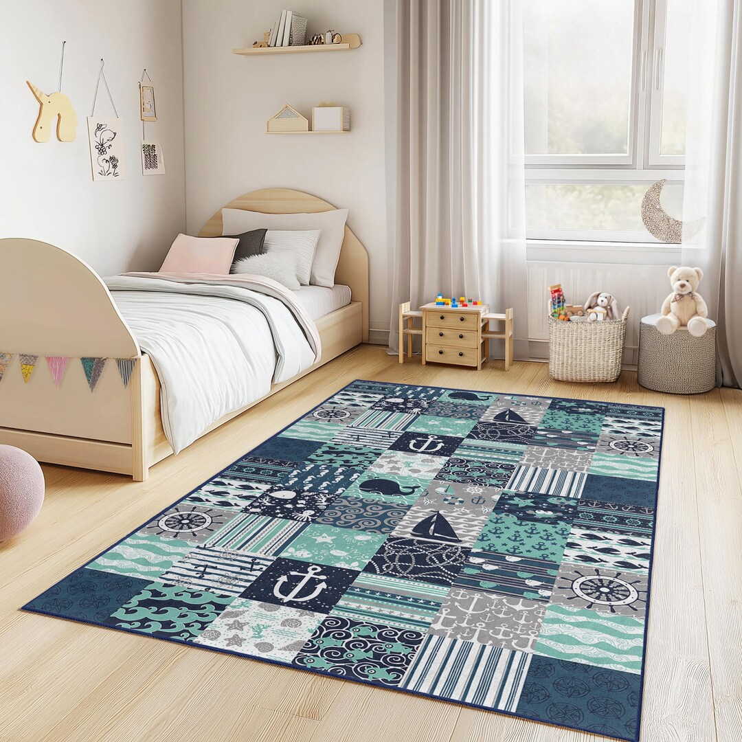 Nautical Themed Rectangle Kids Rug, Ocean Adventure Play Rug, Whale ...