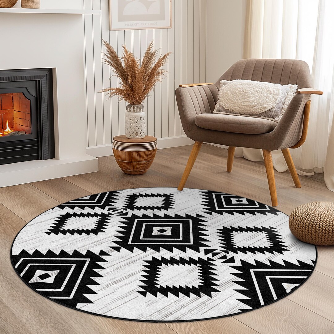 幾何学模様の白黒円形ラグ、モダンなボヘミアン風円形ラグ