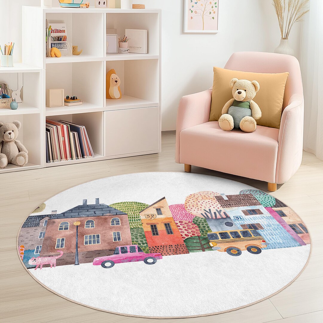 Whimsical Cityscape Round Kids Rug, Colorful Children’s Play Mat ...