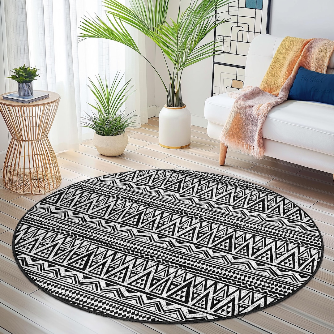 Geometric Pattern Round Area Rug, Black and White Circle Rug, Modern ...