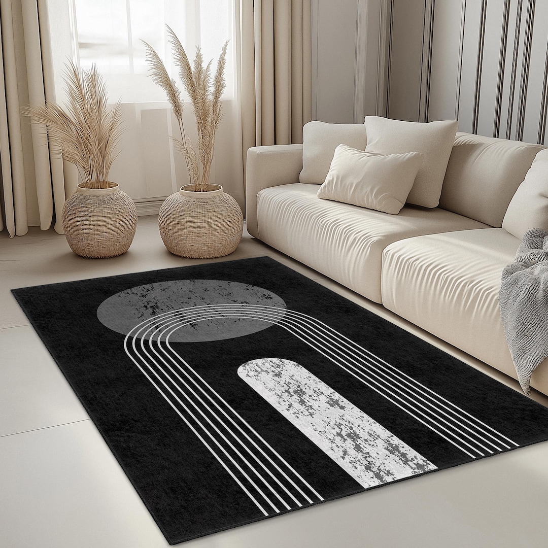 Modern Abstract Rectangular Area Rug, Black and White Geometric Rug ...