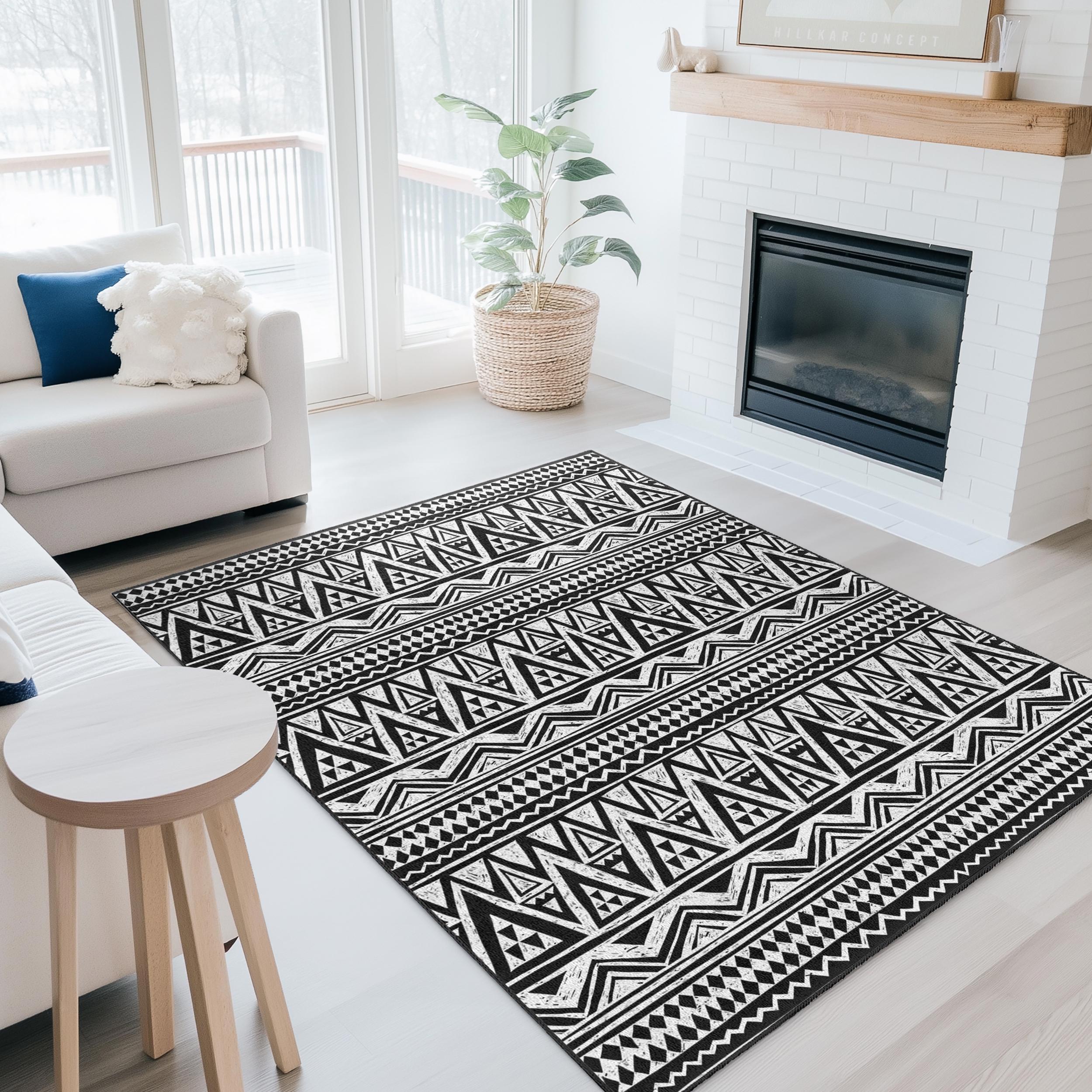 ボヘミアンスタイル ラグ 白黒 幾何学模様 幾何学模様の白黒長方形エリアラグ、モダンな柄のラグ、ボヘミアン