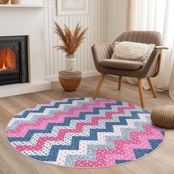 Chevron Pattern Round Area Rug, Pink and Blue Zigzag Rug, Modern