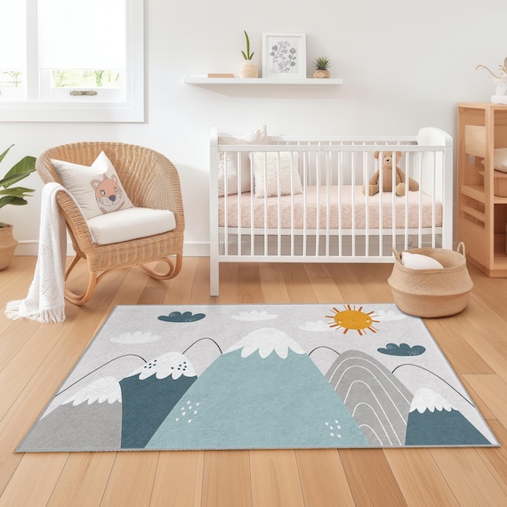Mountain Adventure Kids Rug, Nature Theme Rectangular Rug