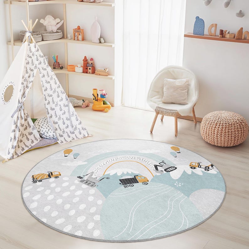 Play Area Rug Design Construction Theme Round Kids Play Rug, Colorful Trucks and Hot Air ...