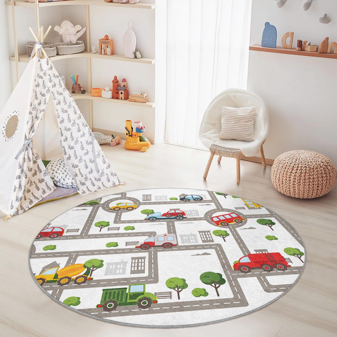 Colorful City Roads Round Kids Play Rug, Play Mat for Children, Nursery ...