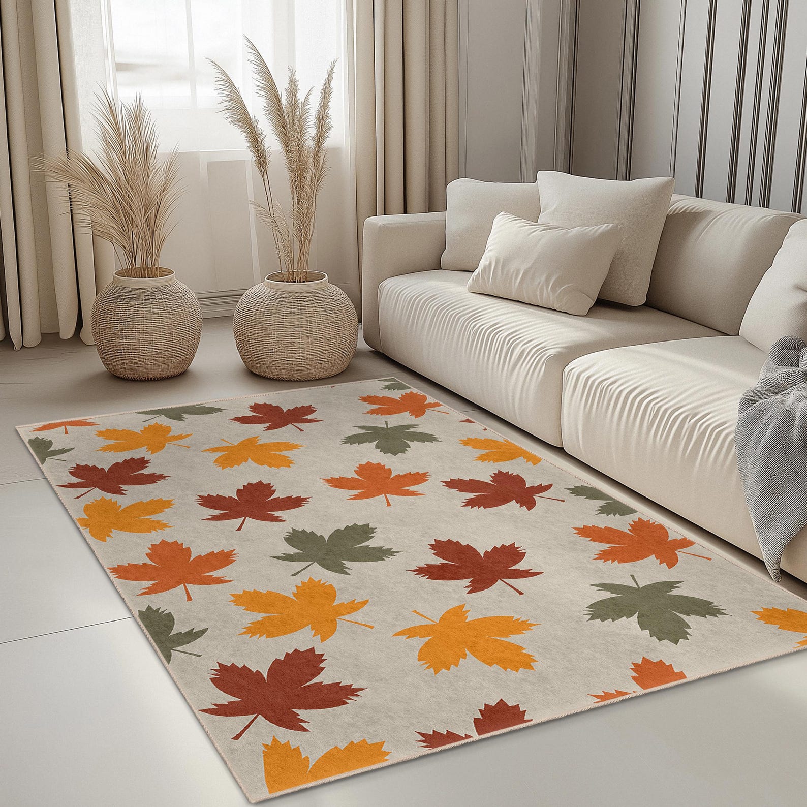 Autumn Leaves Rectangular Area Rug, Leaf Pattern Floor Mat, Seasonal ...
