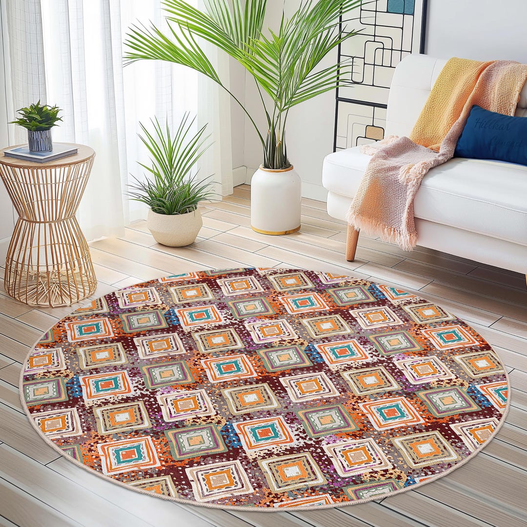 Round Rug With Patterns Geometric Pattern Round Area Rug, Colorful Circle Carpet, Soft Floor ...