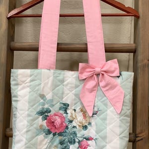 Quilted floral tote bag with bow- handmade vintage fabric shoulder bag