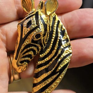 Vintage 1980&#39;s-90&#39;s Heavy Black Enamel and Bright Gold Zebra Statement Brooch / Pin