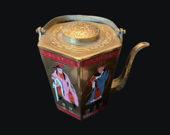 Vintage Brass Helxagon 6 Panel Raised Hand Painted Collectible Teapot Made in Taiwan