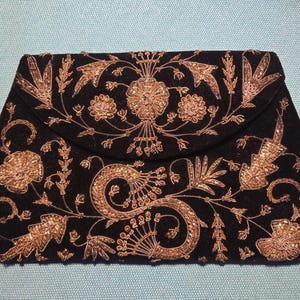 Vintage Zardozi Embroidered Velvet Evening Purse - Black & Gold Floral Clutch