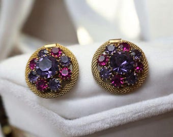 Orecchini a clip vintage con strass viola e fucsia
