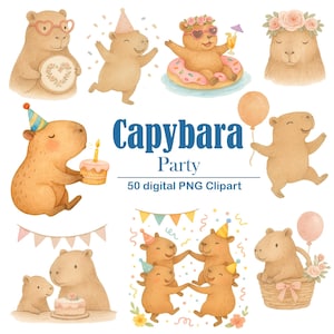 Capybara Party Clipart Bundle – Watercolor PNG