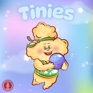 Może przedstawiać: Ilustracja postaci z kreskówki o nazwie "Tinies" trzymającej niebieską kulę. Postać jest żółta z zieloną opaską na głowę i kamizelką. Tło to gradient niebieskiego, fioletowego i różowego z gwiazdami.