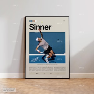 Póster de Jannik Sinner, decoración de tenis de Sinner, lámina enmarcada de Sinner, decoración de pared de icono del tenis, idea de regalo para aficionados al tenis, póster deportivo