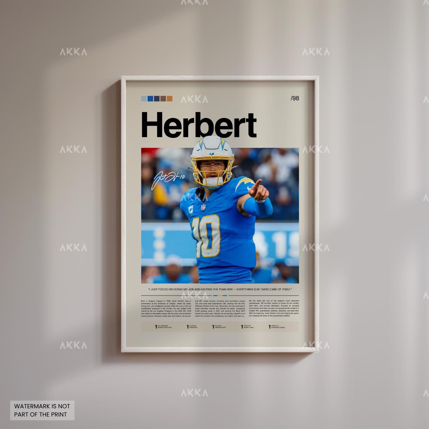 Justin Herbert Poster, Herbert Los Angeles Chargers Print, Framed