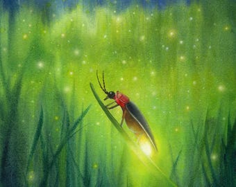 Firefly Watercolor Print: Whimsical Lightening Bug Fine Art, Firefly Print