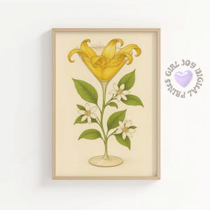 Citroen citrus bloei martini poster, gele bloemen cocktail art print, botanische martini, vintage drankje poster, elegante bloemen bar kar decor