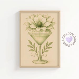 Kwiatowy Martini Art Print, Botaniczny Koktajlowy Wall Art, Zielony Estetyczny Plakat Napojowy, Inspirowany Naturą Bar Cart Decor, Prezent Barware