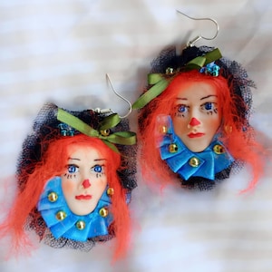 Weird Doll Face Art Earrings, Handmade Creppy Clown Earrings, OOAK Unique Circus Girl Jewelry, Gothic Spooky Circus Gift,