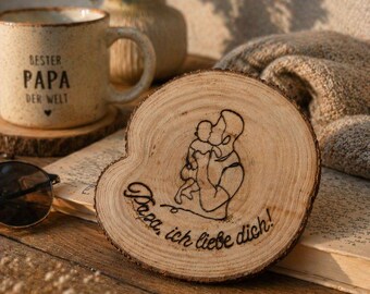 Handgemaakte grote boomschijf voor papa – Een liefdevol cadeau met de tekst "Papa, ik hou van je!" – Rustieke decoratie gemaakt van echt natuurlijk hout