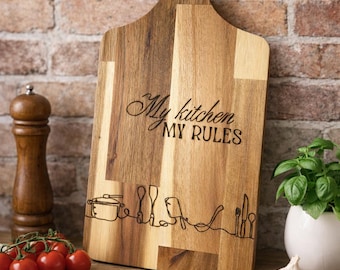 Snijplank cadeau, gegraveerde houten plank, huwelijksgeschenk, cadeau voor stellen, jubileum, Mijn Keuken Mijn Regels, Moederdag, pyrografie