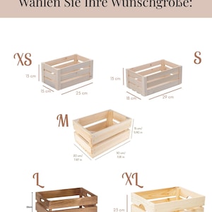 May include: Five rectangular wooden crates in sizes XS, S, M, L, and XL. The XS crate is 13 cm by 15 cm by 25 cm. The S crate is 13 cm by 18 cm by 29 cm. The M crate is 15 cm by 20 cm by 30 cm. The L crate is 20 cm by 25 cm by 35 cm. The XL crate is 23 cm by 30 cm by 40 cm. Text reads: W&auml;hlen Sie Ihre Wunschgr&ouml;&szlig;e.
