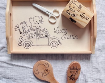 Personalized wooden baby gift, Montessori baby tray, first birthday gift, tray, hand mirror, brush