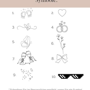 May include: A chart titled Symbole featuring ten black line art icons: beer mugs, a heart, a swirl, two rings, a butterfly, a flower stem, wine glasses, a bow, sparkles, and pixelated sunglasses, with German text instructions at the bottom.