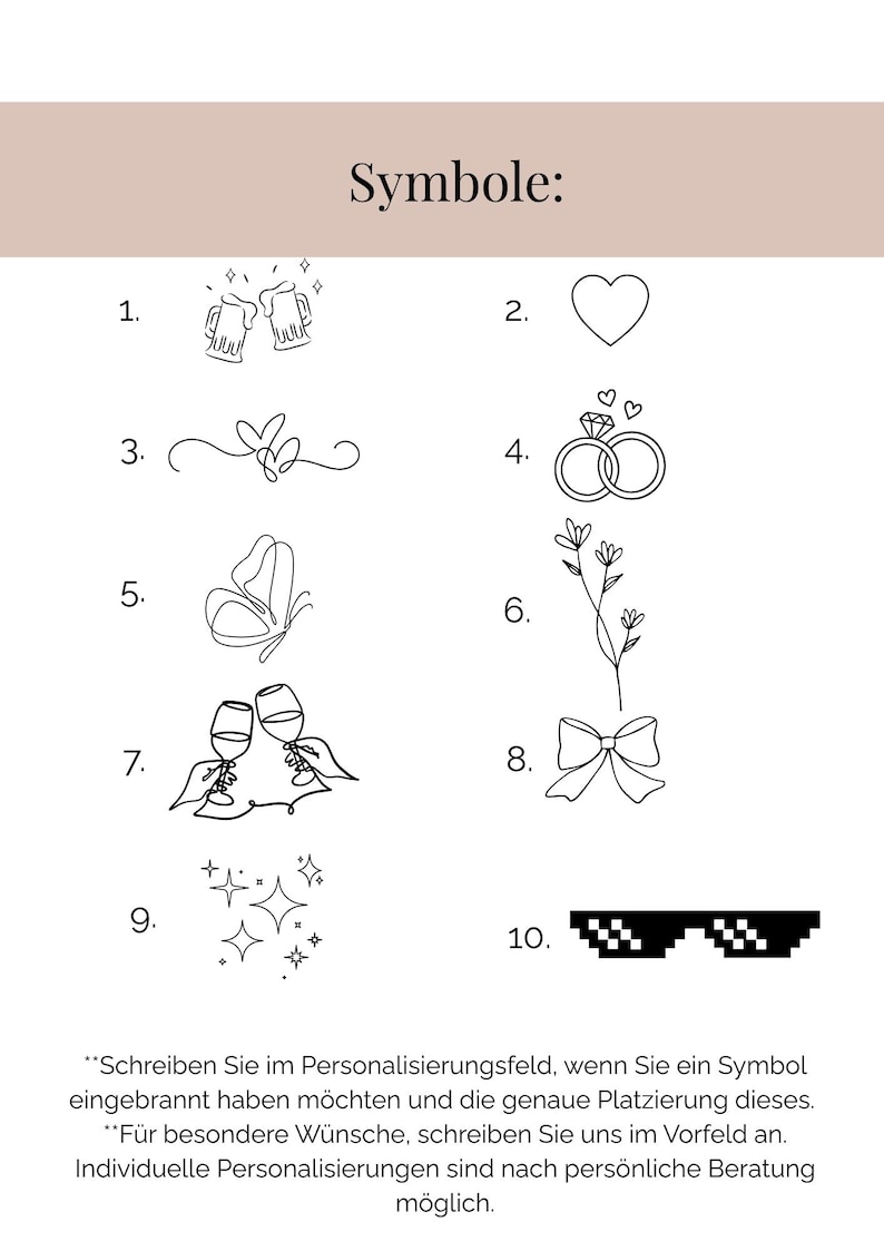 May include: A chart titled Symbole featuring ten black line art icons: beer mugs, a heart, a swirl, two rings, a butterfly, a flower stem, wine glasses, a bow, sparkles, and pixelated sunglasses, with German text instructions at the bottom.