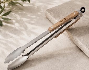 Personalized BBQ Tongs with Engraving | BBQ Gift for Men | Stainless Steel & Wood | Handcrafted Pyrography | Father's Gift | Grill
