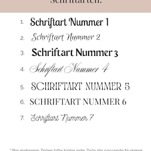 May include: A list of seven font styles headed Schriftarten, with each numbered line displaying the text Schriftart Nummer followed by the corresponding digit from one to seven, and German instructional text at the bottom regarding personalisation.