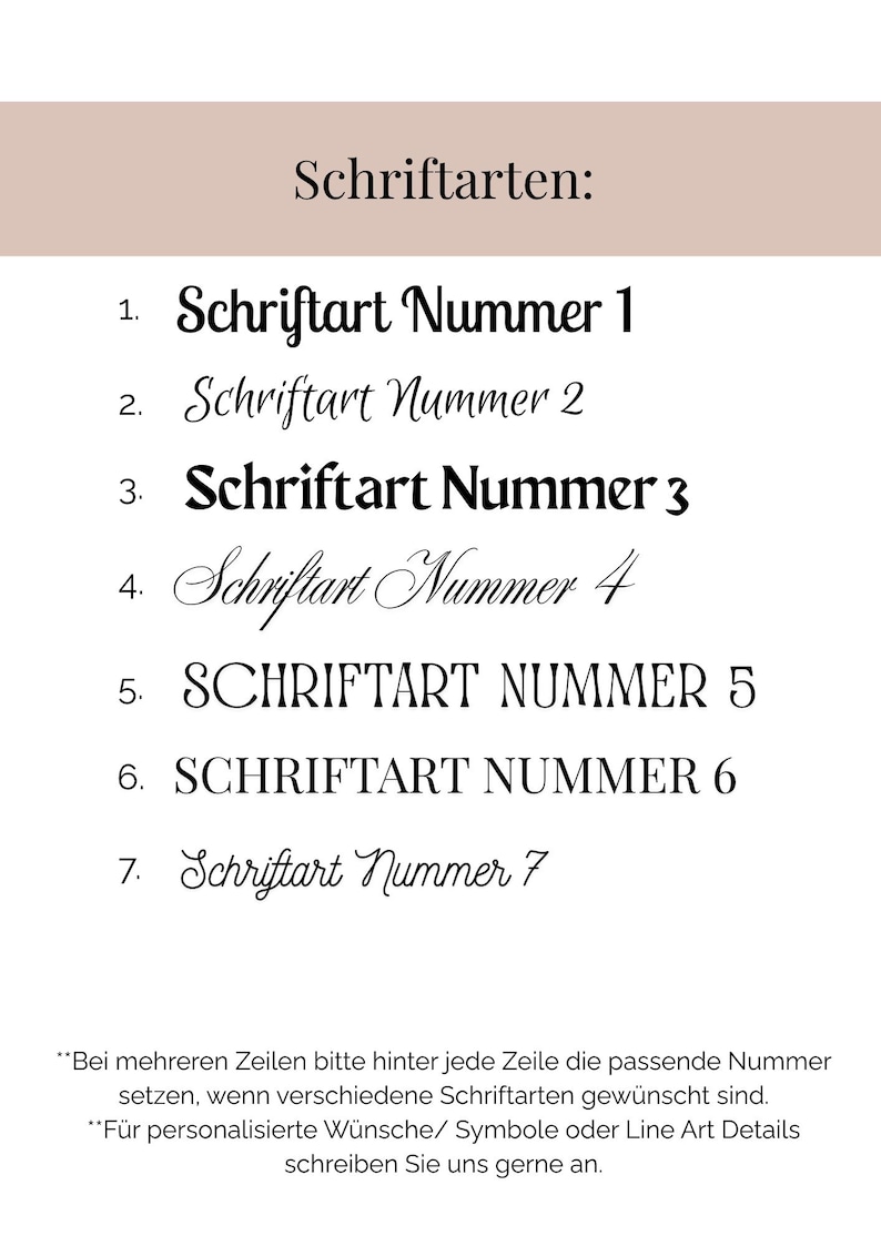 May include: A list of seven font styles headed Schriftarten, with each numbered line displaying the text Schriftart Nummer followed by the corresponding digit from one to seven, and German instructional text at the bottom regarding personalisation.