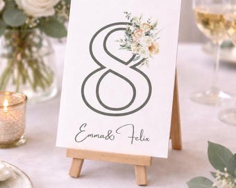 Wedding Table Number Set 1-10 | 10 Cards + Mini Easels | Customizable | Wedding Decor | Wedding Place Cards | Greenery Design