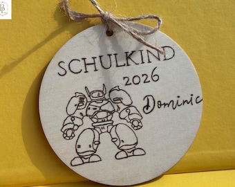 Personalized schoolchild pendant 2026 with name | Wooden pendant for first day of school | Gift for school cone | Motif | Handmade with wood burning