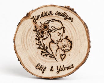 Personalized wooden magnet, mom gift, mother and child engraving, fridge magnet, handmade wooden decoration, baby gift
