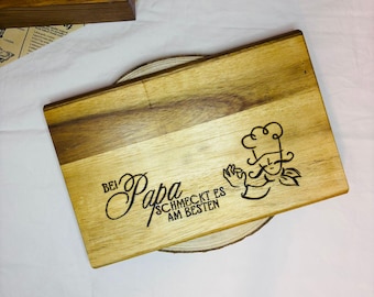 Premium ontbijtplank van acaciahout - Papa's kookkunsten zijn de beste - Handgemaakte pyrografie - Vaderdag - Cadeau-idee voor papa